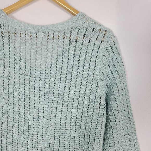 J. Jill Women's Textured Blue 3/4 Sleeve Open-Stitch V Neck Sweater Sz L Petite - Picture 8 of 14